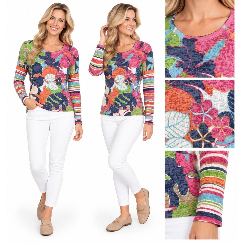Love Again Thermal Top M Multicolor Tropical Floral Waffle Knit Boho Artsy
